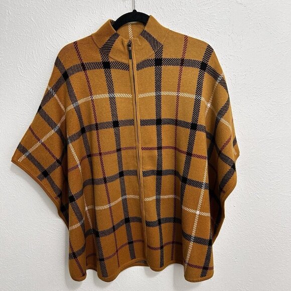 Tahari Women’s Full Zip Plaid Poncho Sweater Cape Mustard Brown Size S/M Preppy - Picture 1 of 8